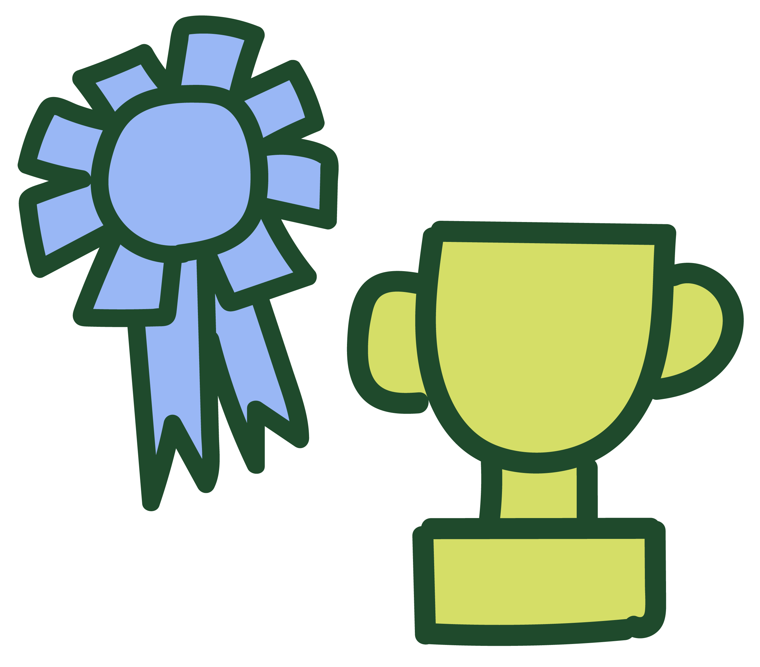 Blue ribbon and green trophy on a white background
